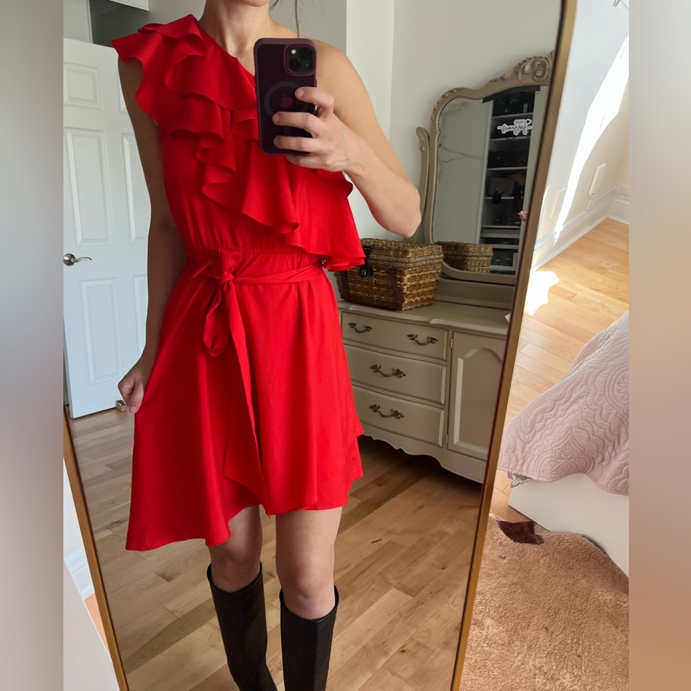 Chic One Shoulder dress orange red miss sixty vintage dress 6 ruffle sexy party